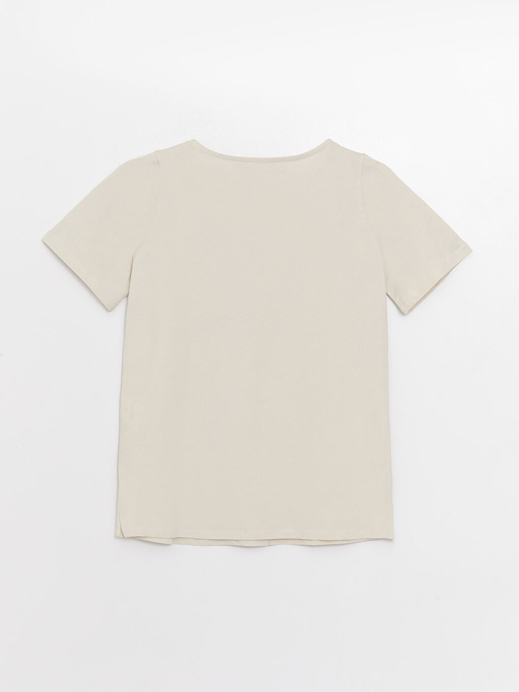 Bej Bisiklet Yaka Baskılı Kısa Kollu Kadın Tişört-6