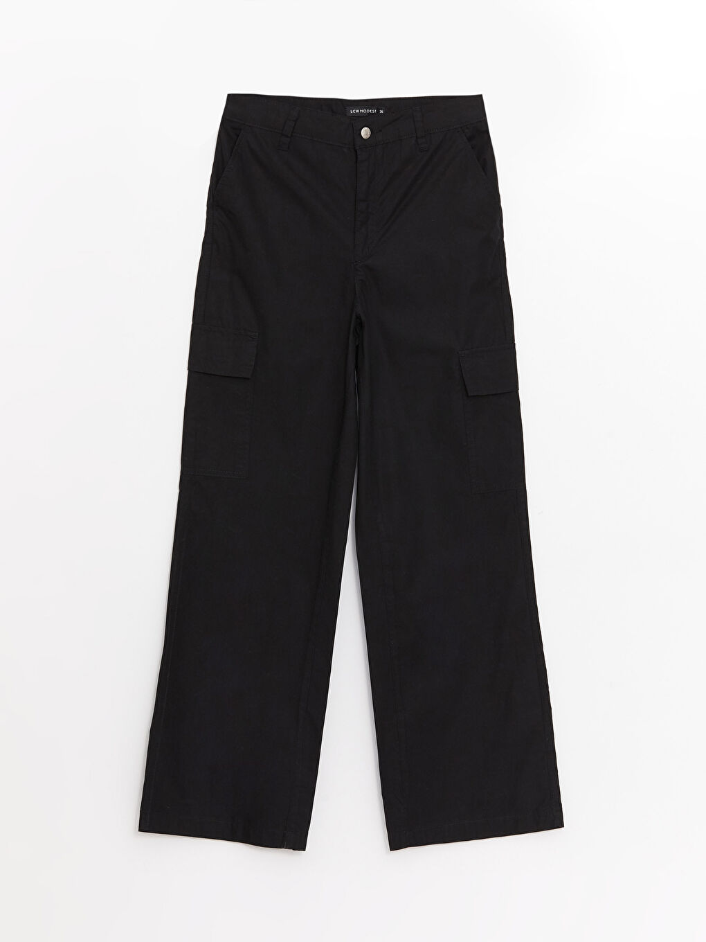 Siyah Rahat Kalıp Düz Geniş Paça Kadın Kargo Pantolon-5