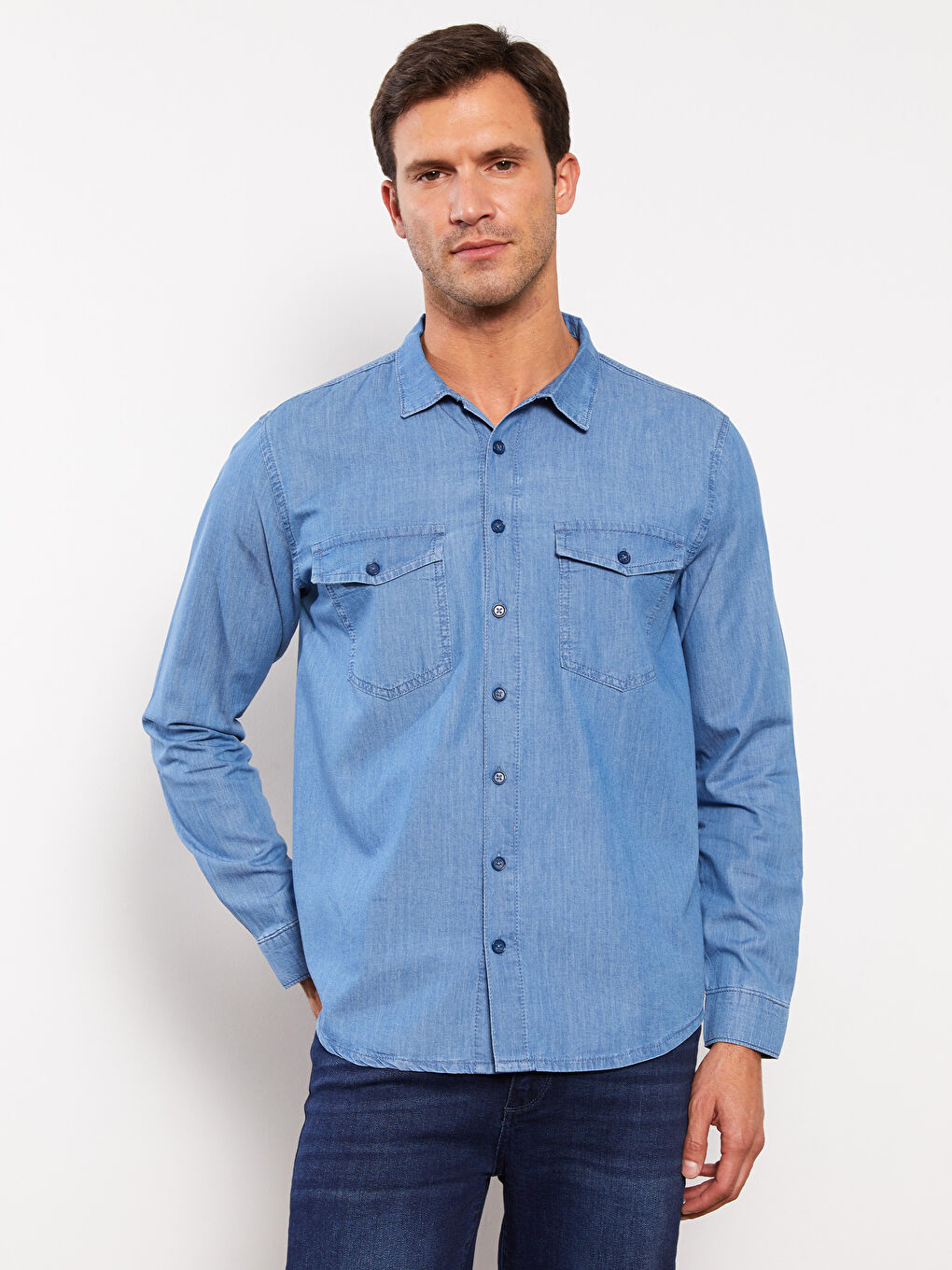 Regular Fit Long Sleeve Men's Denim Shirt -S3H079Z8-311