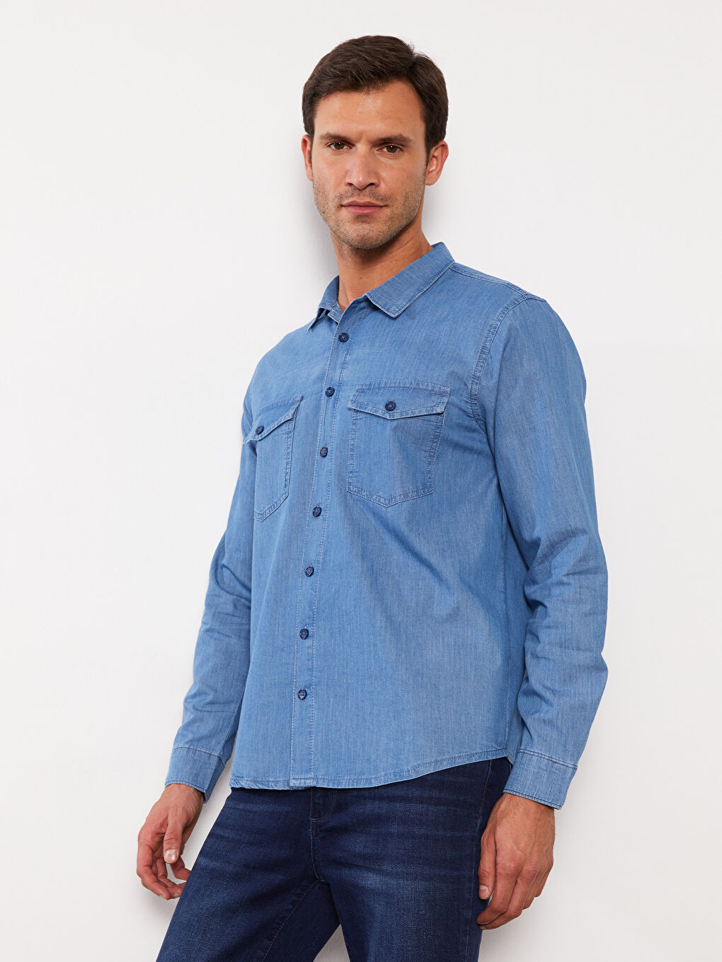 Regular Fit Long Sleeve Men's Denim Shirt -S3H079Z8-311
