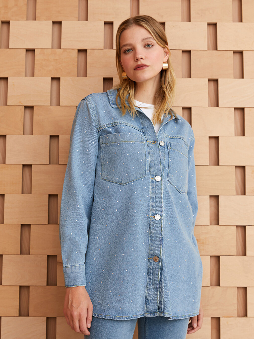 İndigo Gömlek Yaka Taşlı Uzun Kollu Kadın Jean Tunik