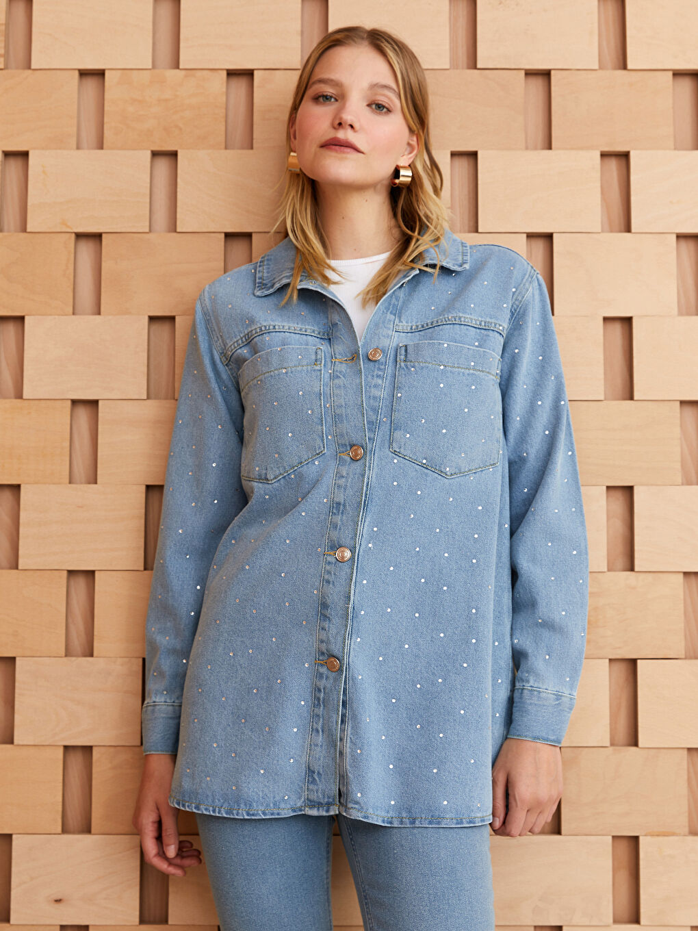 İndigo Gömlek Yaka Taşlı Uzun Kollu Kadın Jean Tunik-1