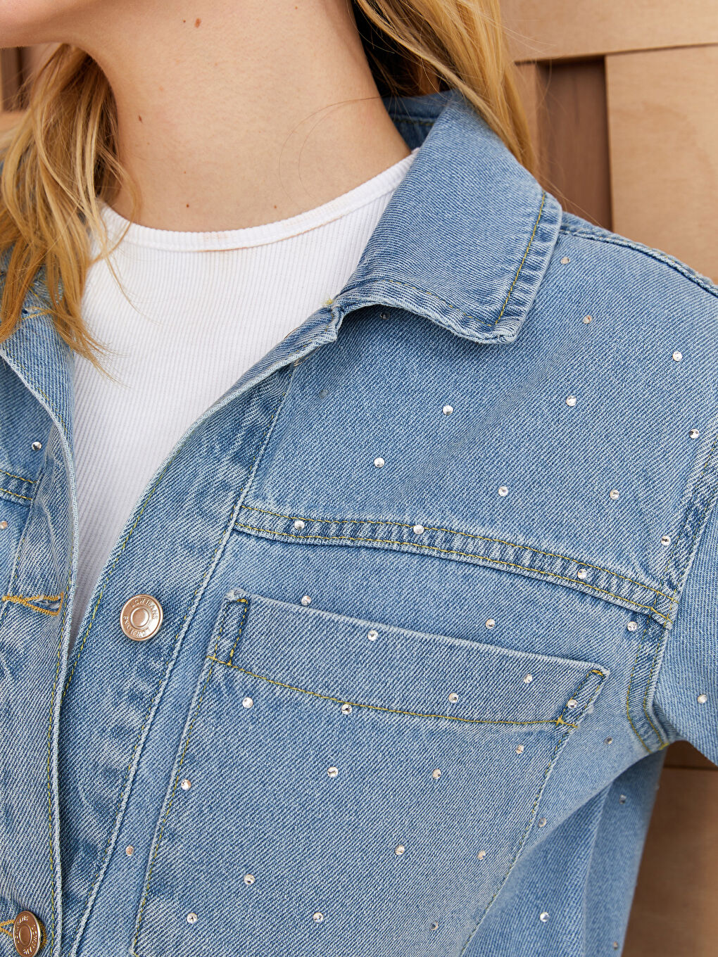 İndigo Gömlek Yaka Taşlı Uzun Kollu Kadın Jean Tunik-3