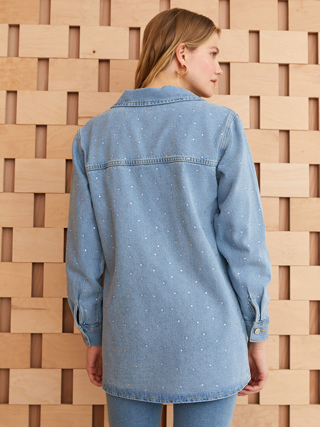 İndigo Gömlek Yaka Taşlı Uzun Kollu Kadın Jean Tunik-4