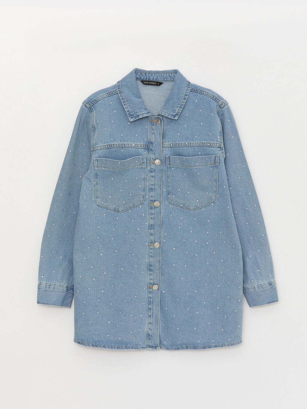 İndigo Gömlek Yaka Taşlı Uzun Kollu Kadın Jean Tunik-5