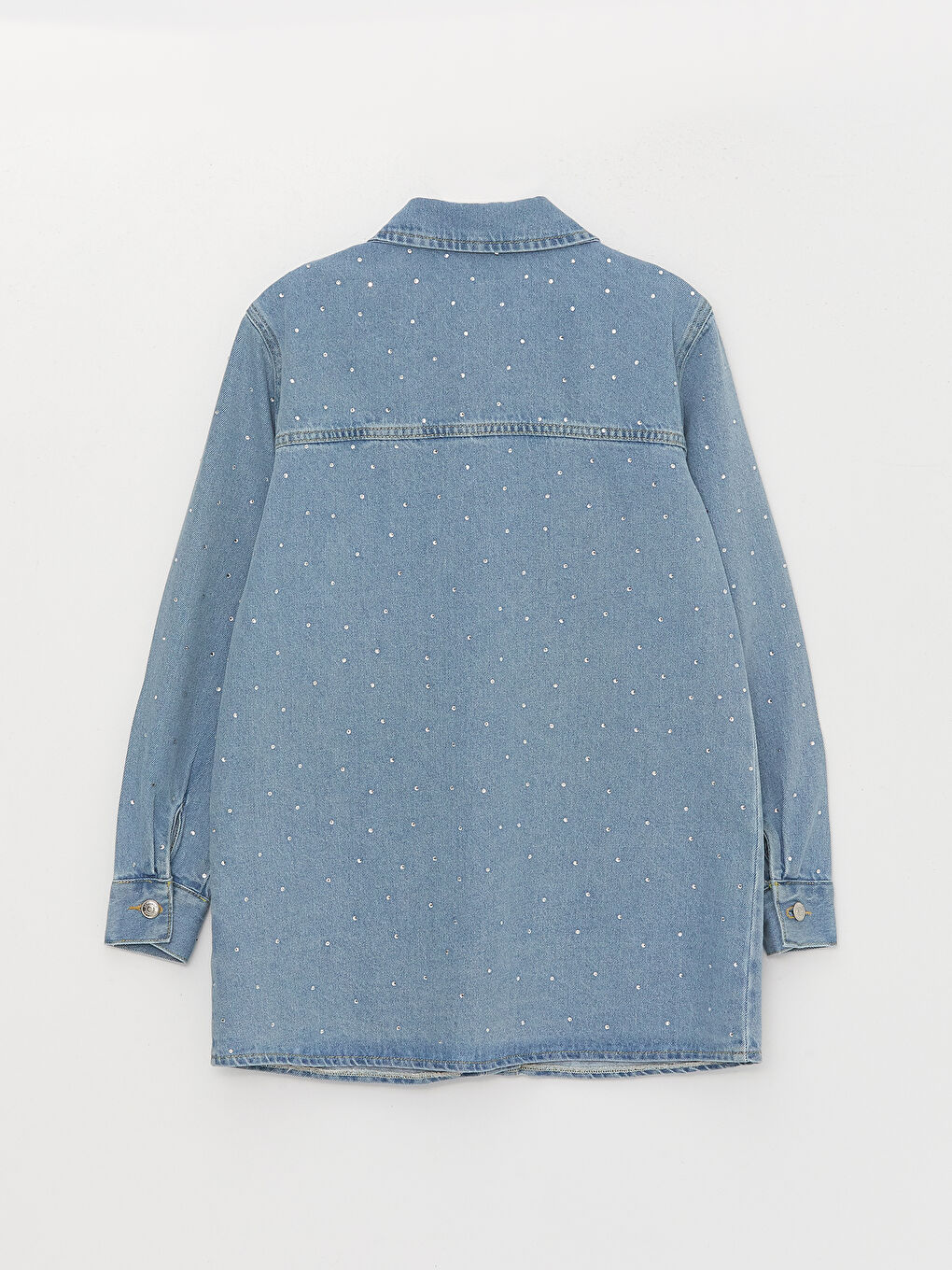 İndigo Gömlek Yaka Taşlı Uzun Kollu Kadın Jean Tunik-6