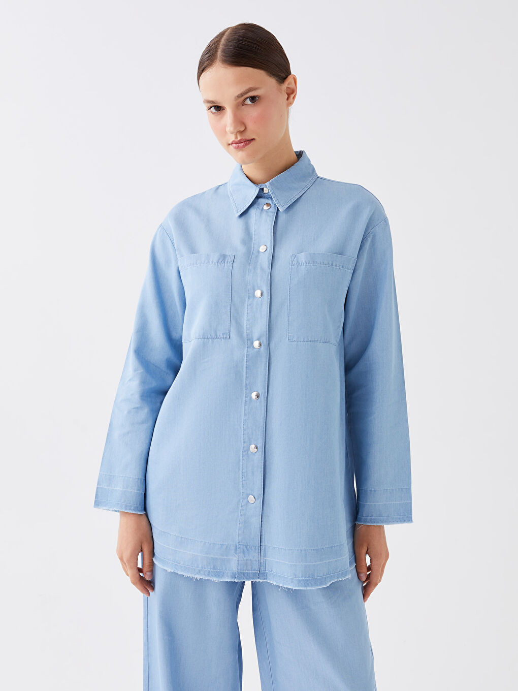 İndigo Gömlek Yaka Düz Uzun Kollu Kadın Jean Tunik
