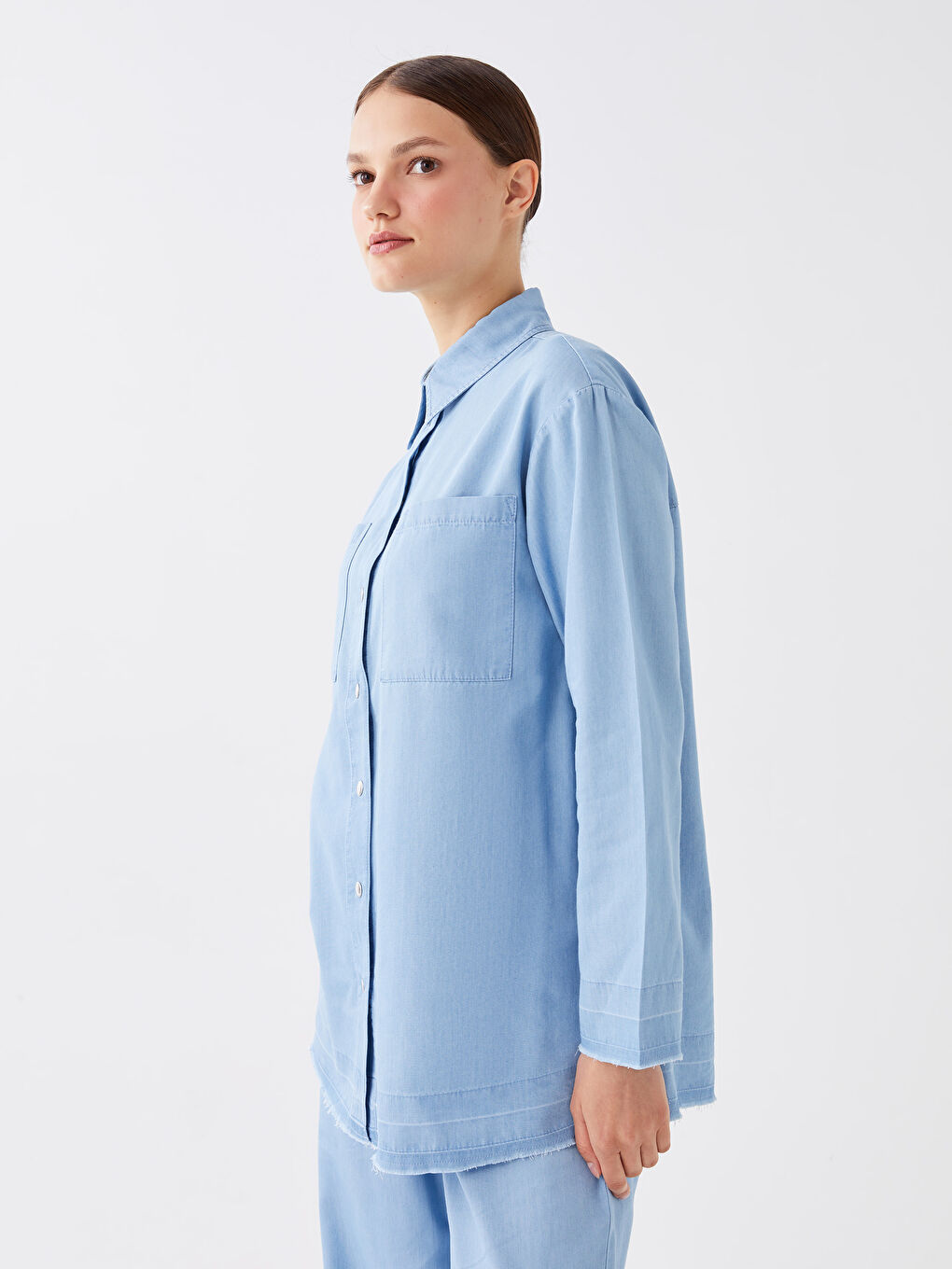 İndigo Gömlek Yaka Düz Uzun Kollu Kadın Jean Tunik-1