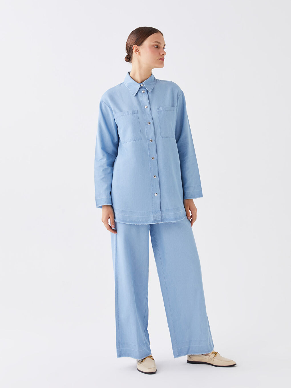 İndigo Gömlek Yaka Düz Uzun Kollu Kadın Jean Tunik-2