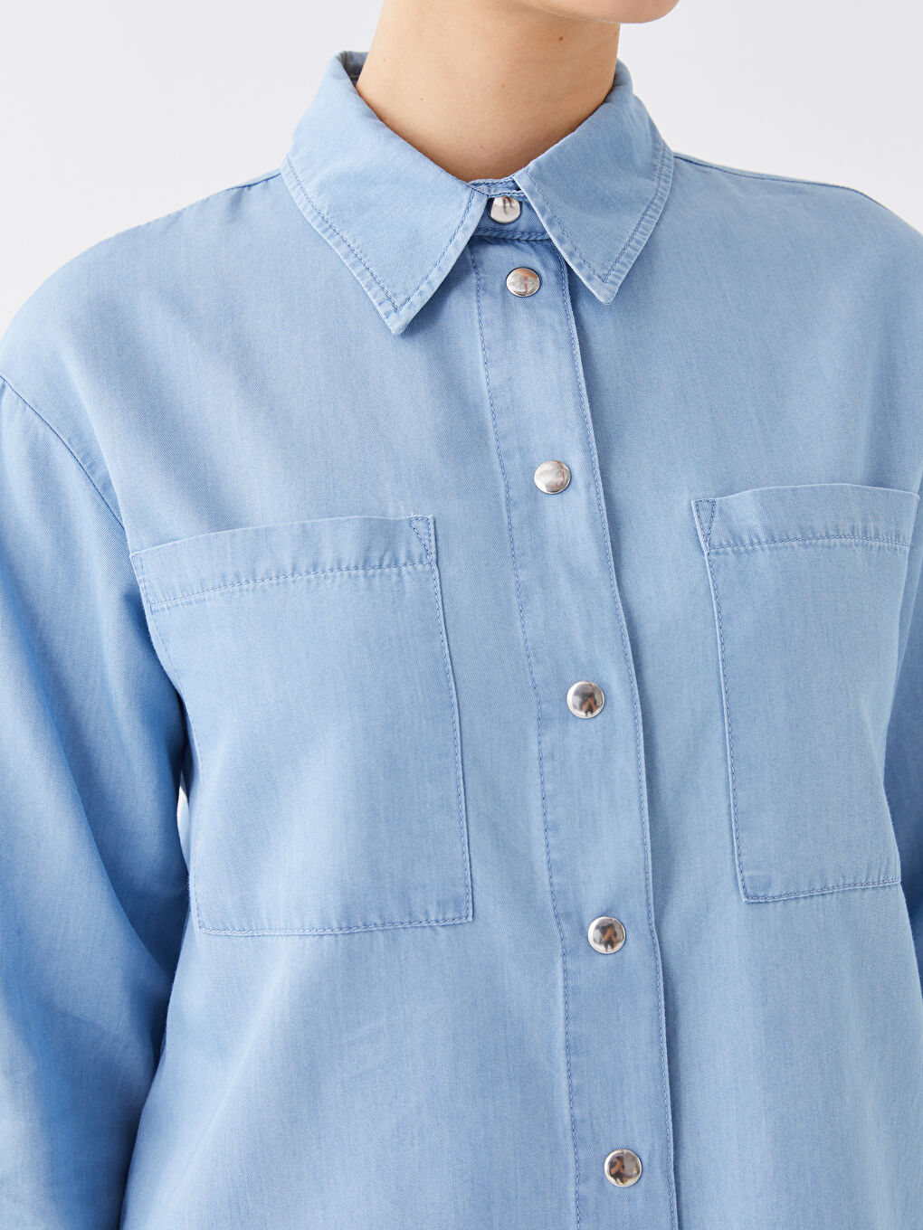 İndigo Gömlek Yaka Düz Uzun Kollu Kadın Jean Tunik-3