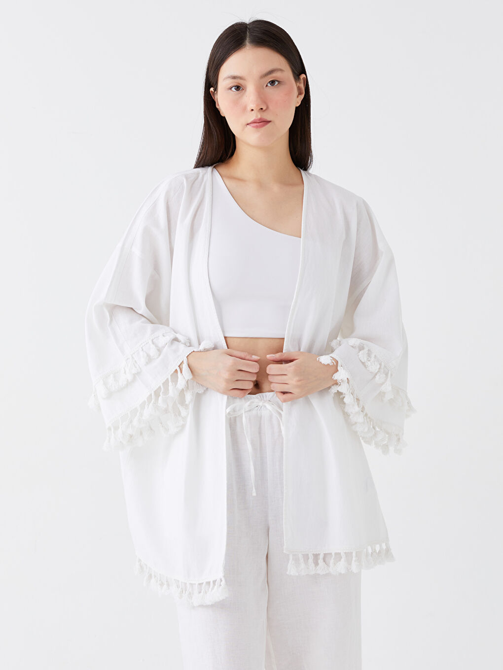 كيمونو ياقة شال سادة كم طويل أوفراسايز خليط كتان للسيدات