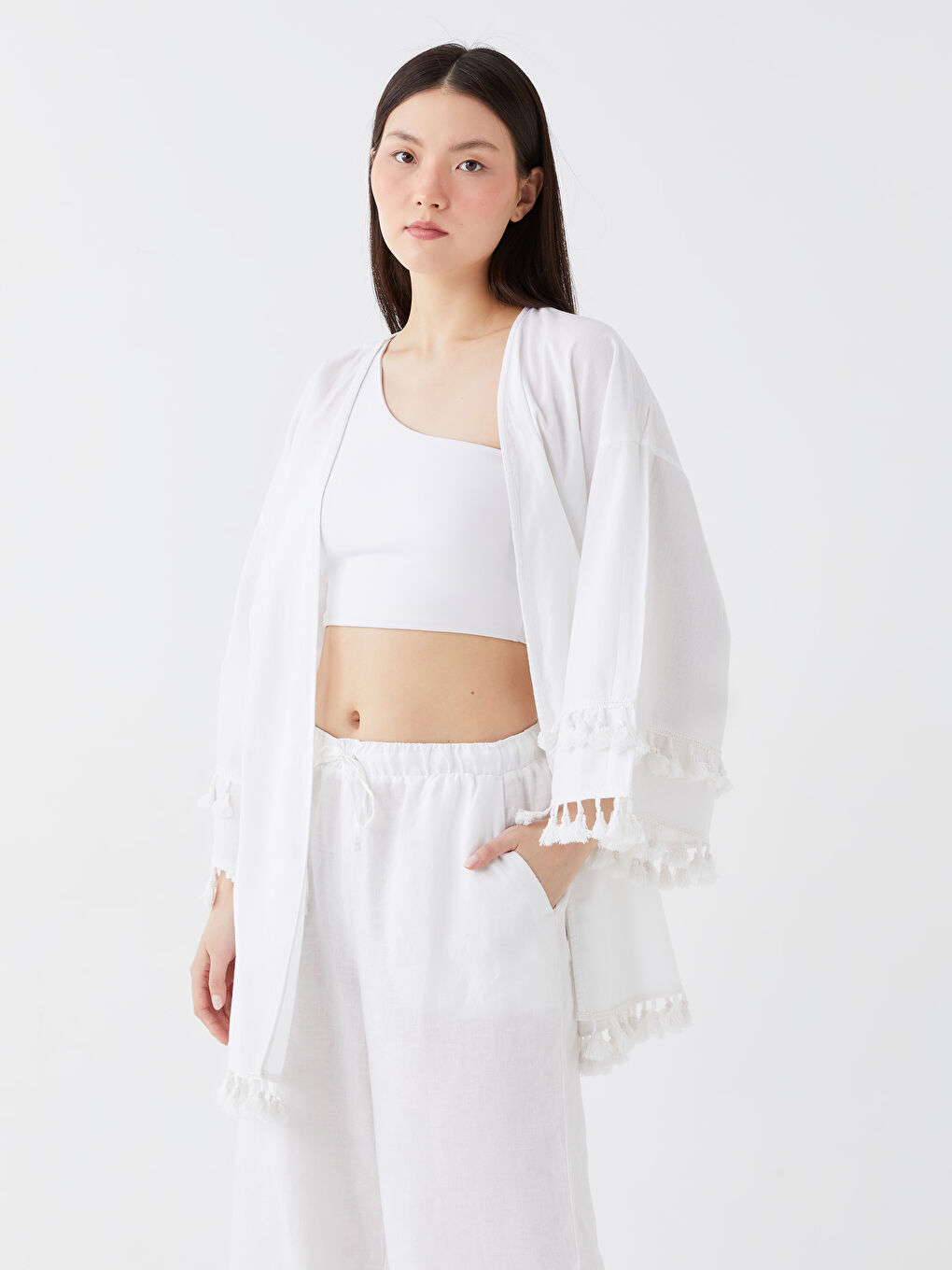 كيمونو ياقة شال سادة كم طويل أوفراسايز خليط كتان للسيدات-1