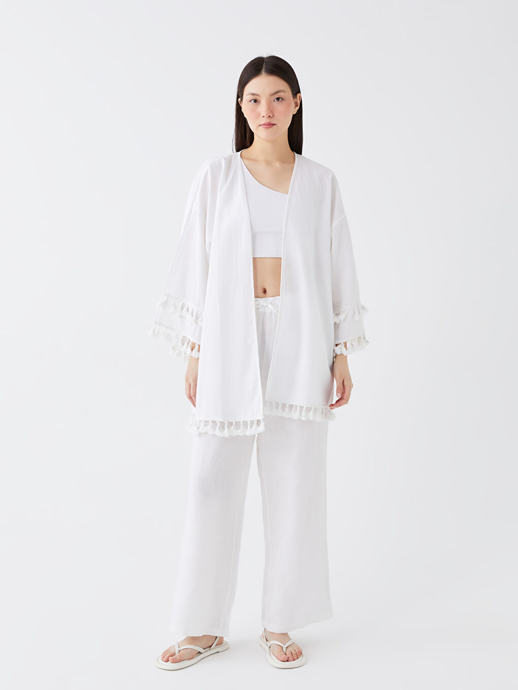 كيمونو ياقة شال سادة كم طويل أوفراسايز خليط كتان للسيدات-2