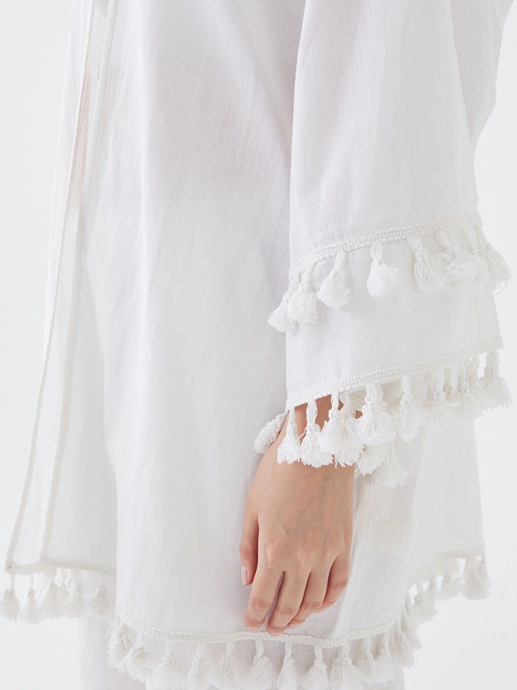 كيمونو ياقة شال سادة كم طويل أوفراسايز خليط كتان للسيدات-3