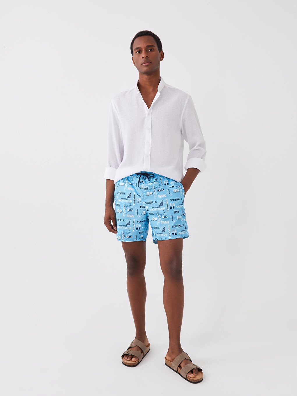 Lacivert Kısa Boy Desenli Erkek Deniz Şortu-1