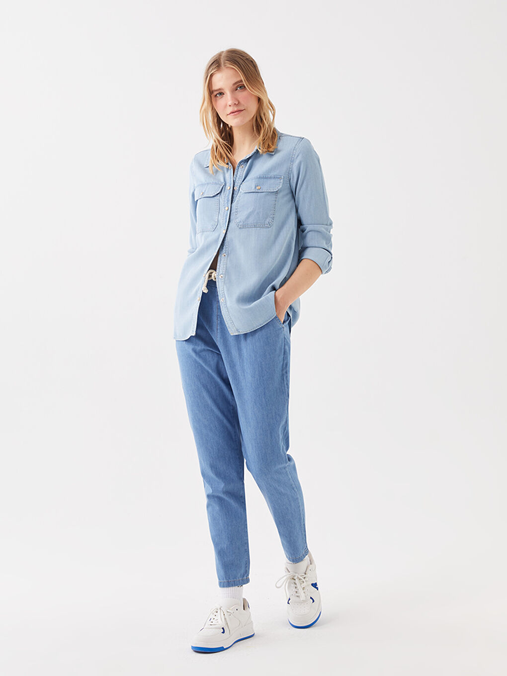 İndigo Yüksek Bel Baggy Fit Kadın Jean Pantolon-1