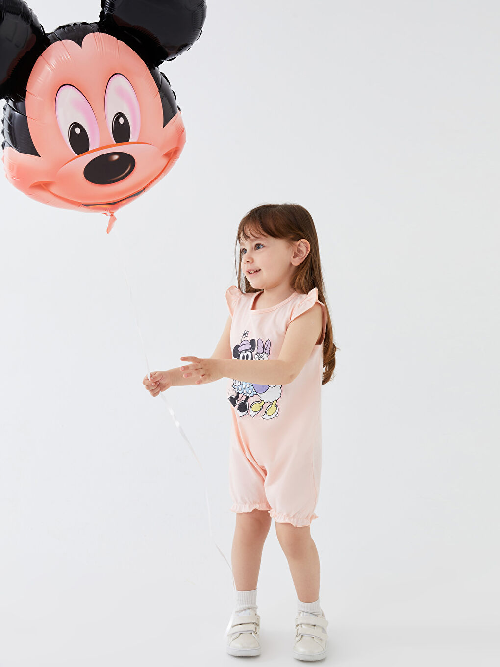 Pembe Minnie Mouse Baskılı Bisiklet Yaka Kız Bebek Tulum 2'li-1