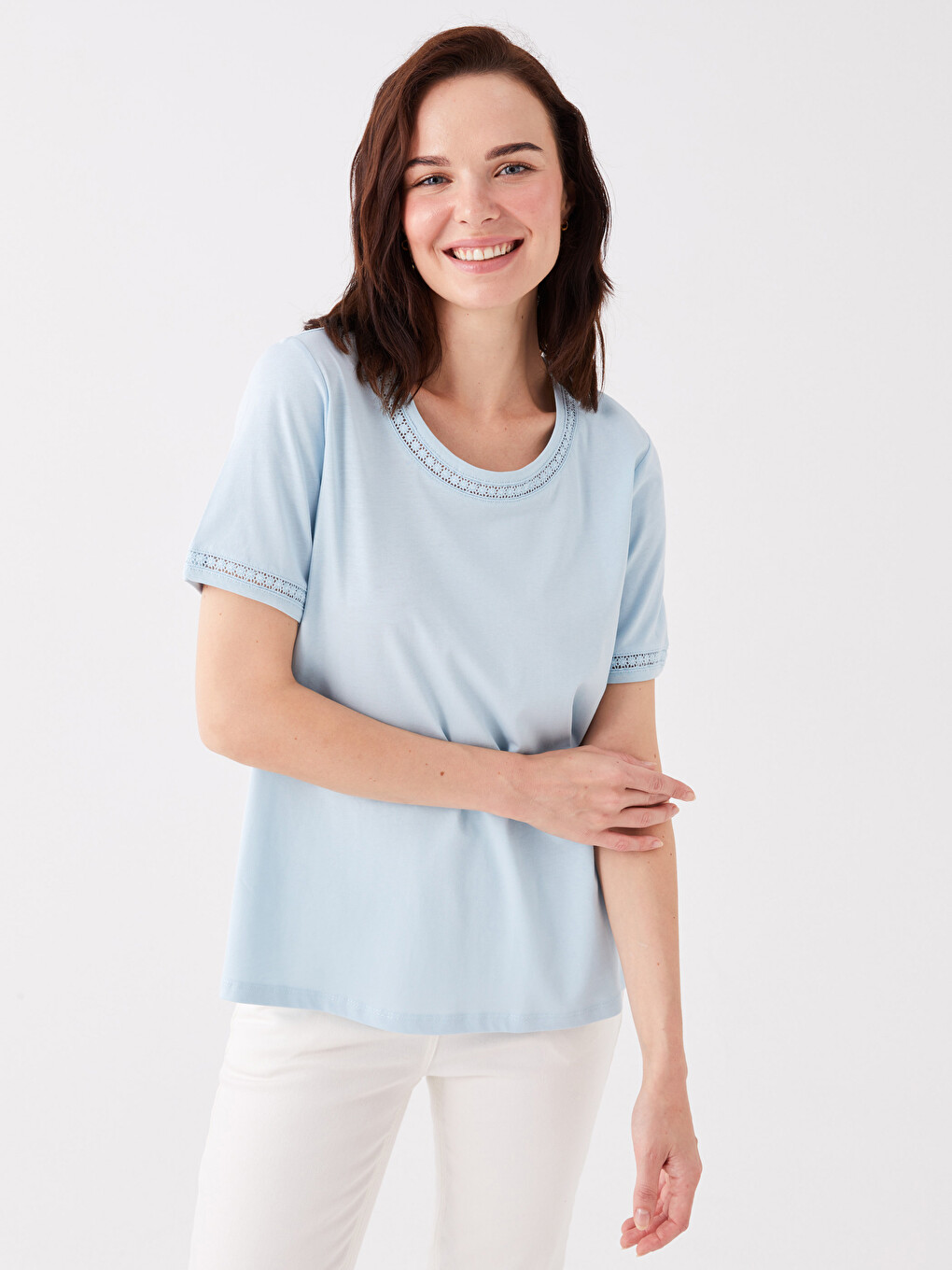 Crew Neck Plain Short Sleeve Women's Blouse-1