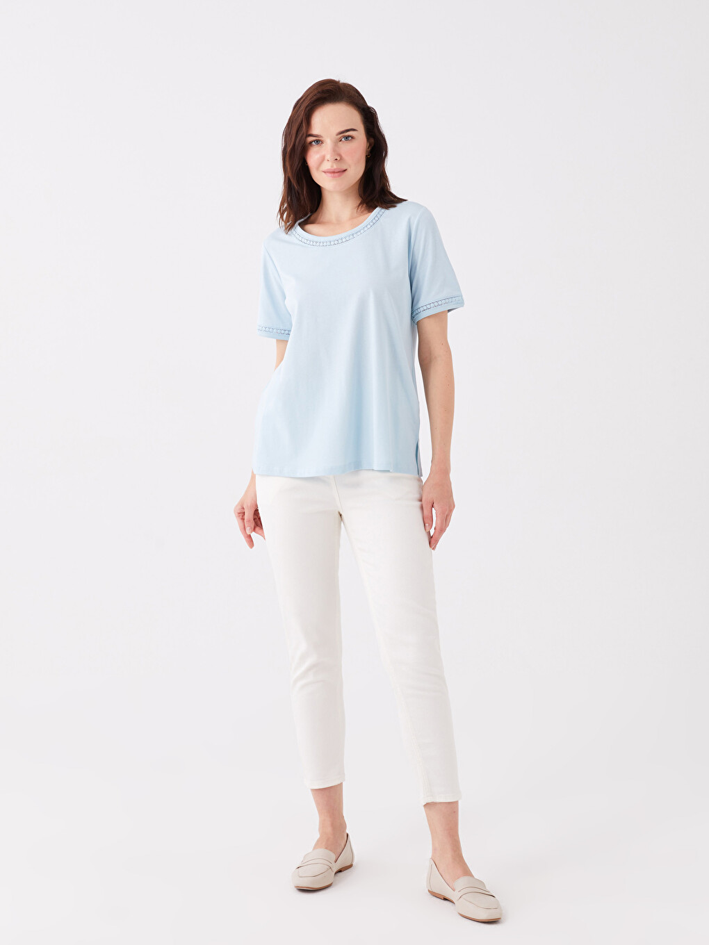 Crew Neck Plain Short Sleeve Women's Blouse-2