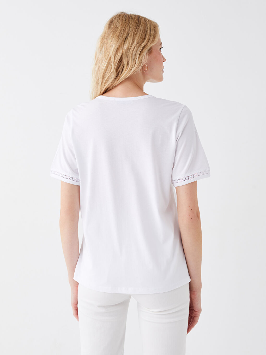 Beyaz Bisiklet Yaka Düz Kısa Kollu Kadın Bluz-4