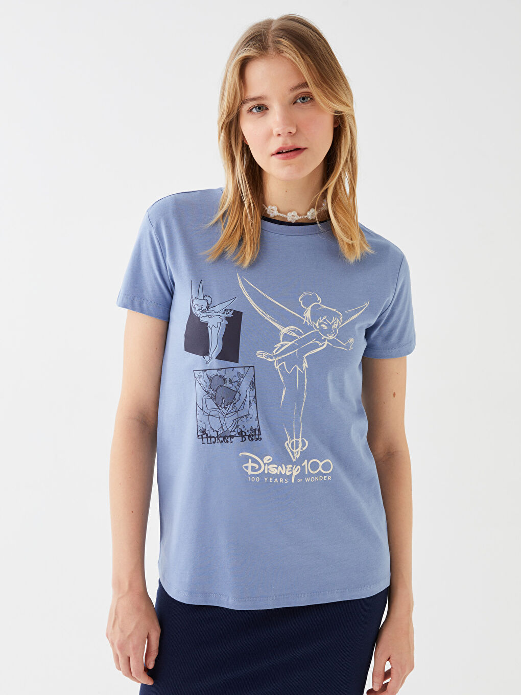 Mavi Bisiklet Yaka Tinker Bell Baskılı Kısa Kollu Kadın Tişört
