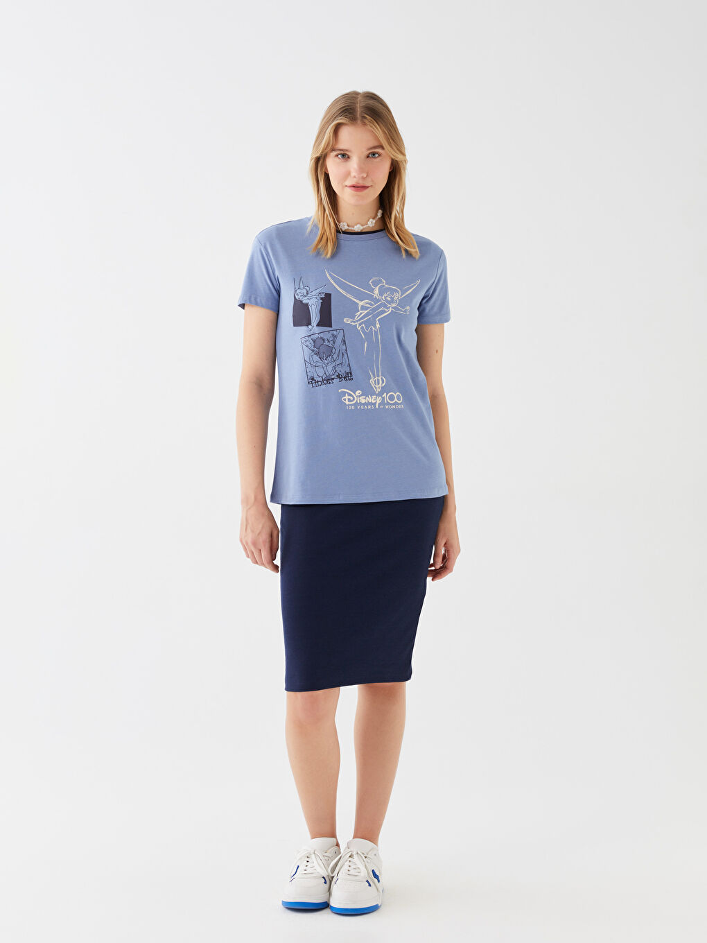 Mavi Bisiklet Yaka Tinker Bell Baskılı Kısa Kollu Kadın Tişört-1