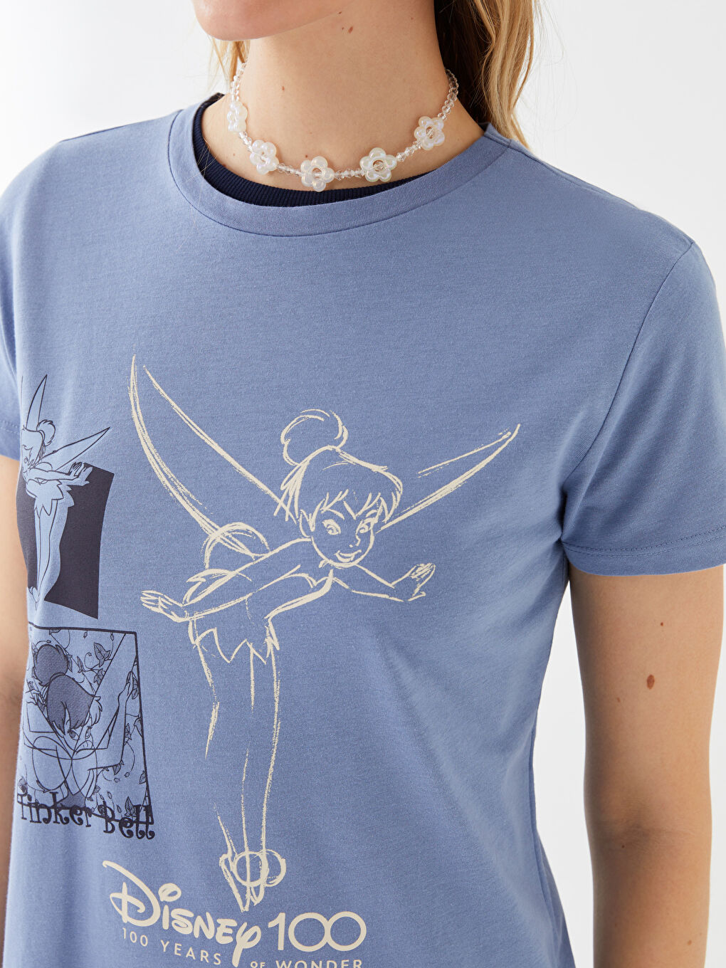 Mavi Bisiklet Yaka Tinker Bell Baskılı Kısa Kollu Kadın Tişört-2