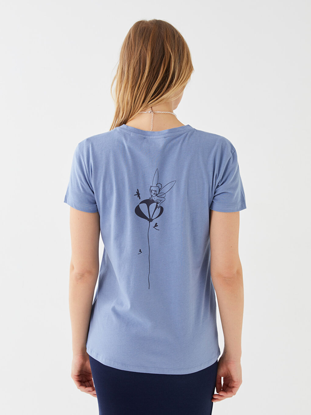 Mavi Bisiklet Yaka Tinker Bell Baskılı Kısa Kollu Kadın Tişört-3