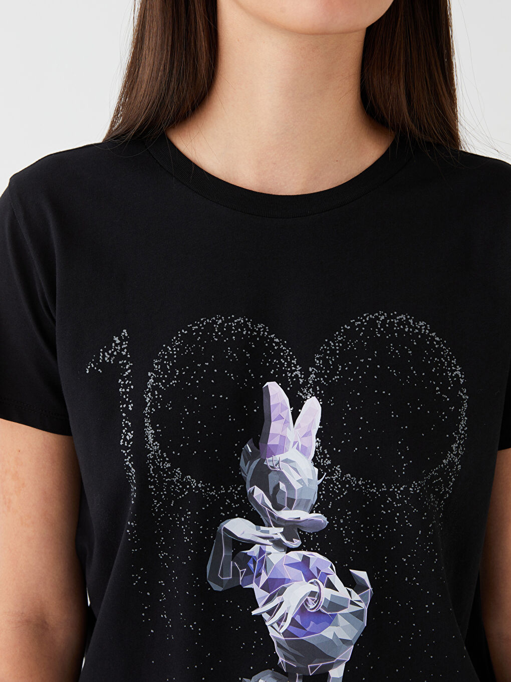 Siyah Bisiklet Yaka Daisy Duck Baskılı Kısa Kollu Kadın Tişört-3