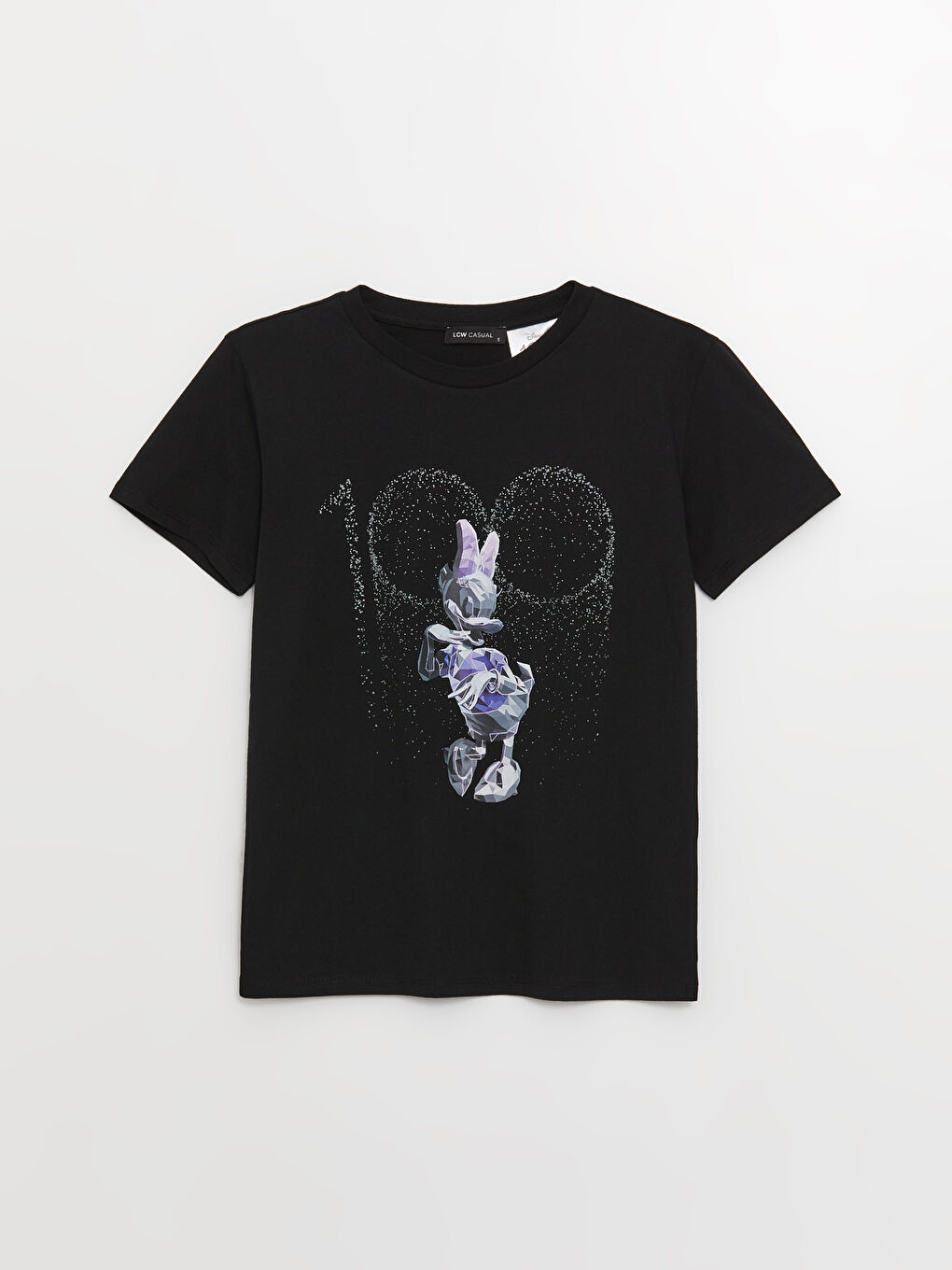 Siyah Bisiklet Yaka Daisy Duck Baskılı Kısa Kollu Kadın Tişört-5