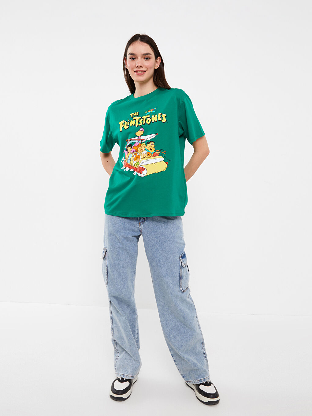 Crew Neck The Flintstones Printed Short Sleeve Oversize Women's T-Shirt-2