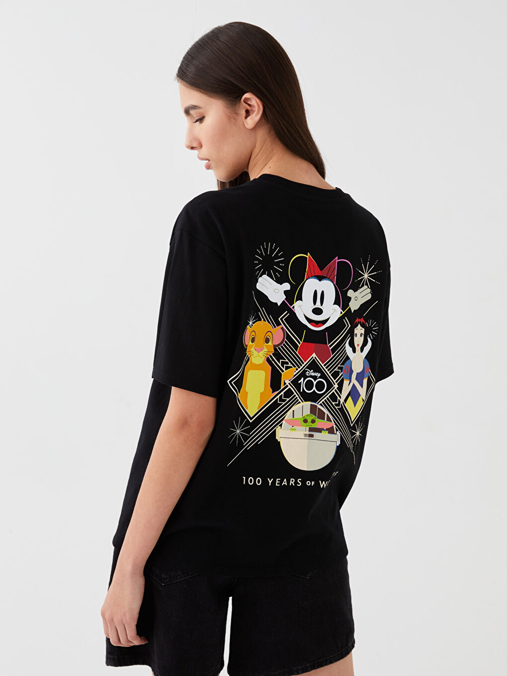 Siyah Bisiklet Yaka Mickey Mouse Baskılı Kısa Kollu Oversize Kadın Tişört