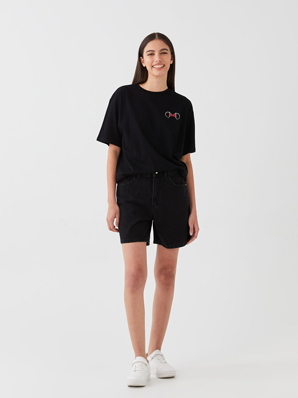 Siyah Bisiklet Yaka Mickey Mouse Baskılı Kısa Kollu Oversize Kadın Tişört-2