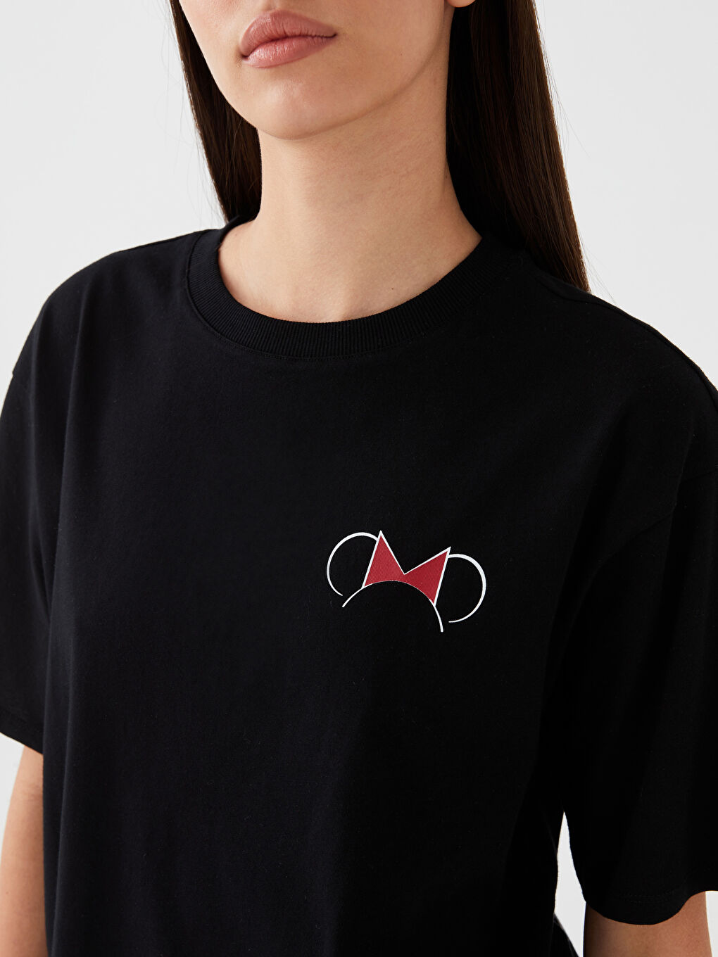 Siyah Bisiklet Yaka Mickey Mouse Baskılı Kısa Kollu Oversize Kadın Tişört-3