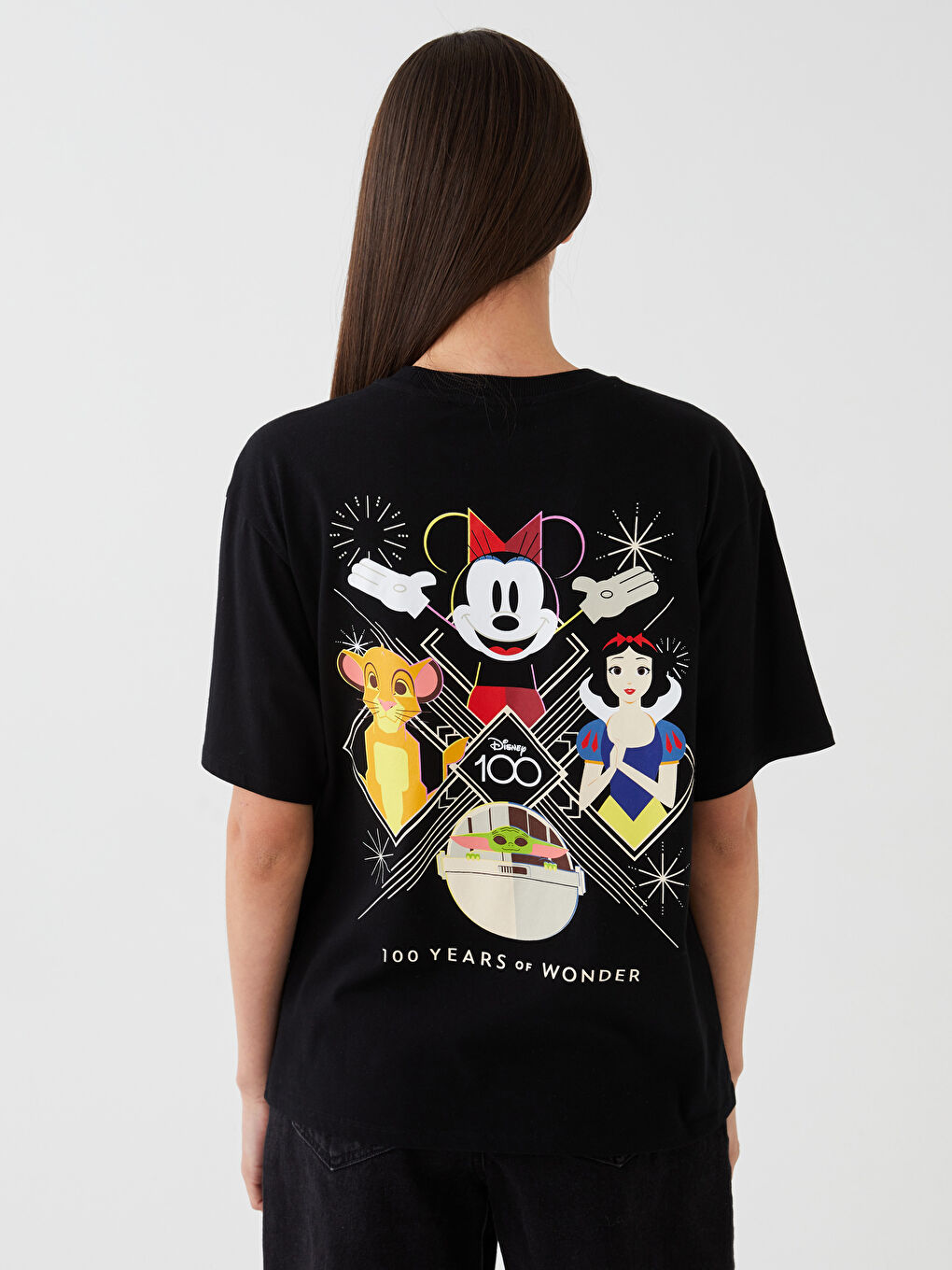 Siyah Bisiklet Yaka Mickey Mouse Baskılı Kısa Kollu Oversize Kadın Tişört-4