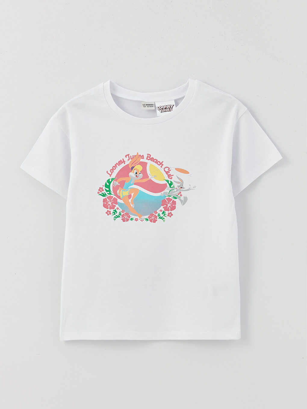 Beyaz Bisiklet Yaka Looney Tunes Baskılı Kısa Kollu Kız Çocuk Tişört