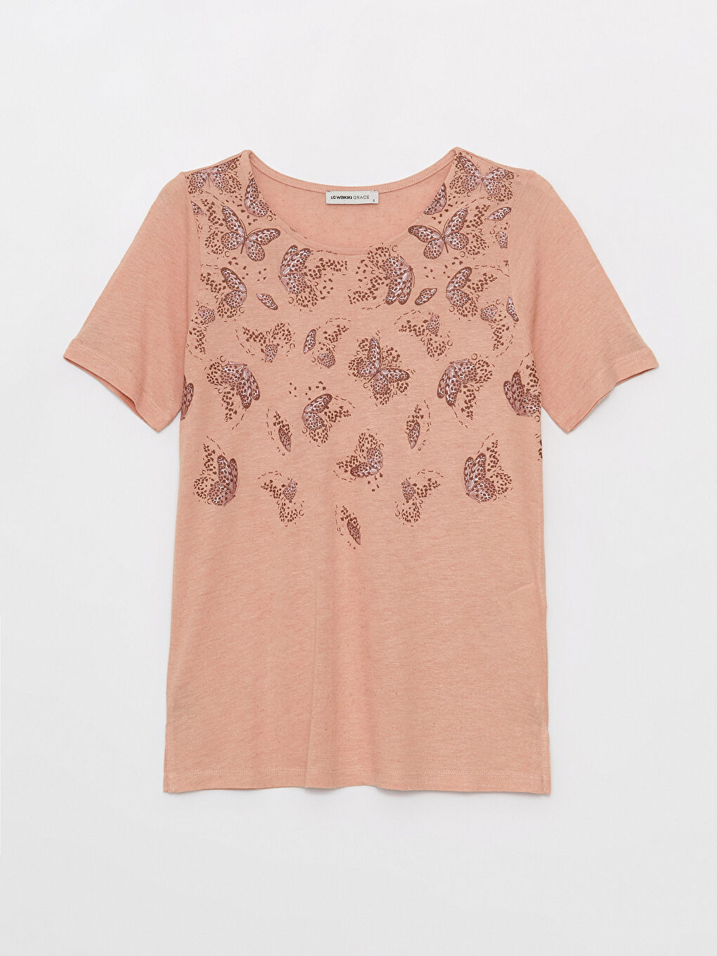 LCW Grace Crew Collar Printed Short Sleeve Linen Blend Women's Blouse -S3H289Z8-FLJ