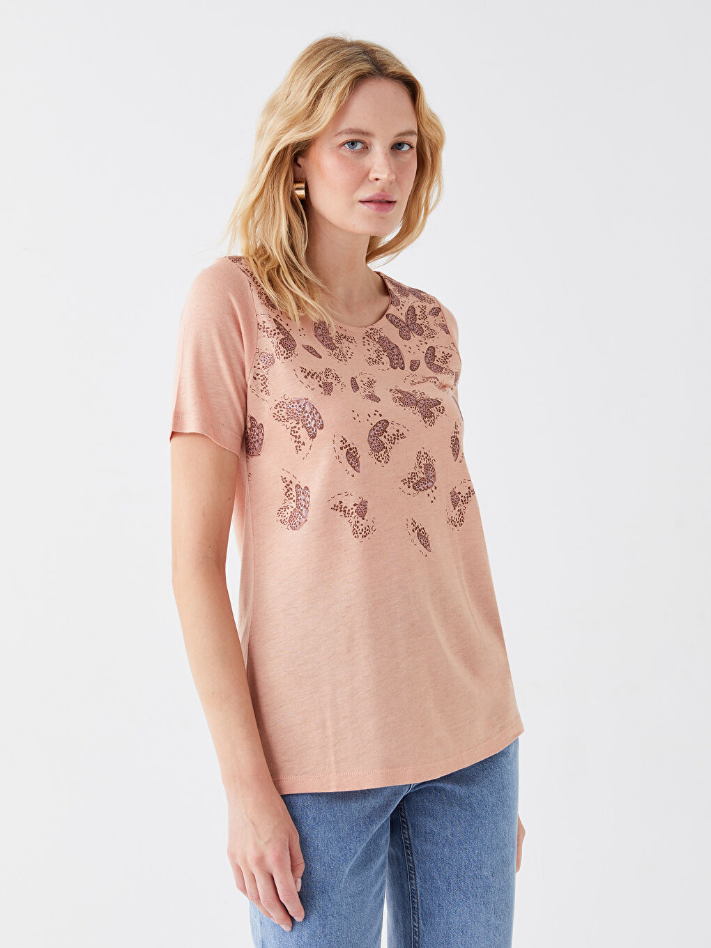 LCW Grace Crew Collar Printed Short Sleeve Linen Blend Women's Blouse -S3H289Z8-FLJ