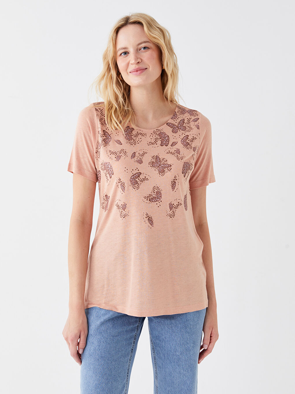 LCW Grace Crew Collar Printed Short Sleeve Linen Blend Women's Blouse -S3H289Z8-FLJ