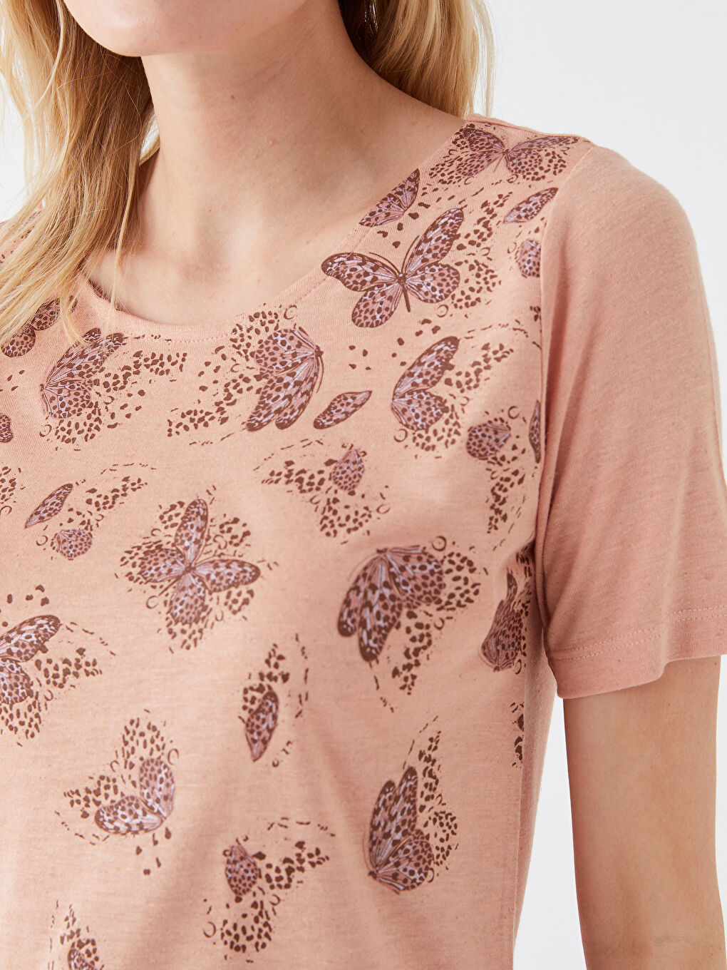 LCW Grace Crew Collar Printed Short Sleeve Linen Blend Women's Blouse -S3H289Z8-FLJ