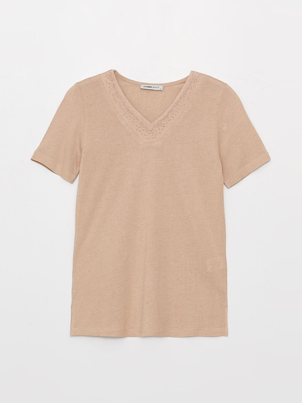 Kahverengi V Yaka Nakışlı Kısa Kollu Kadın Bluz-5