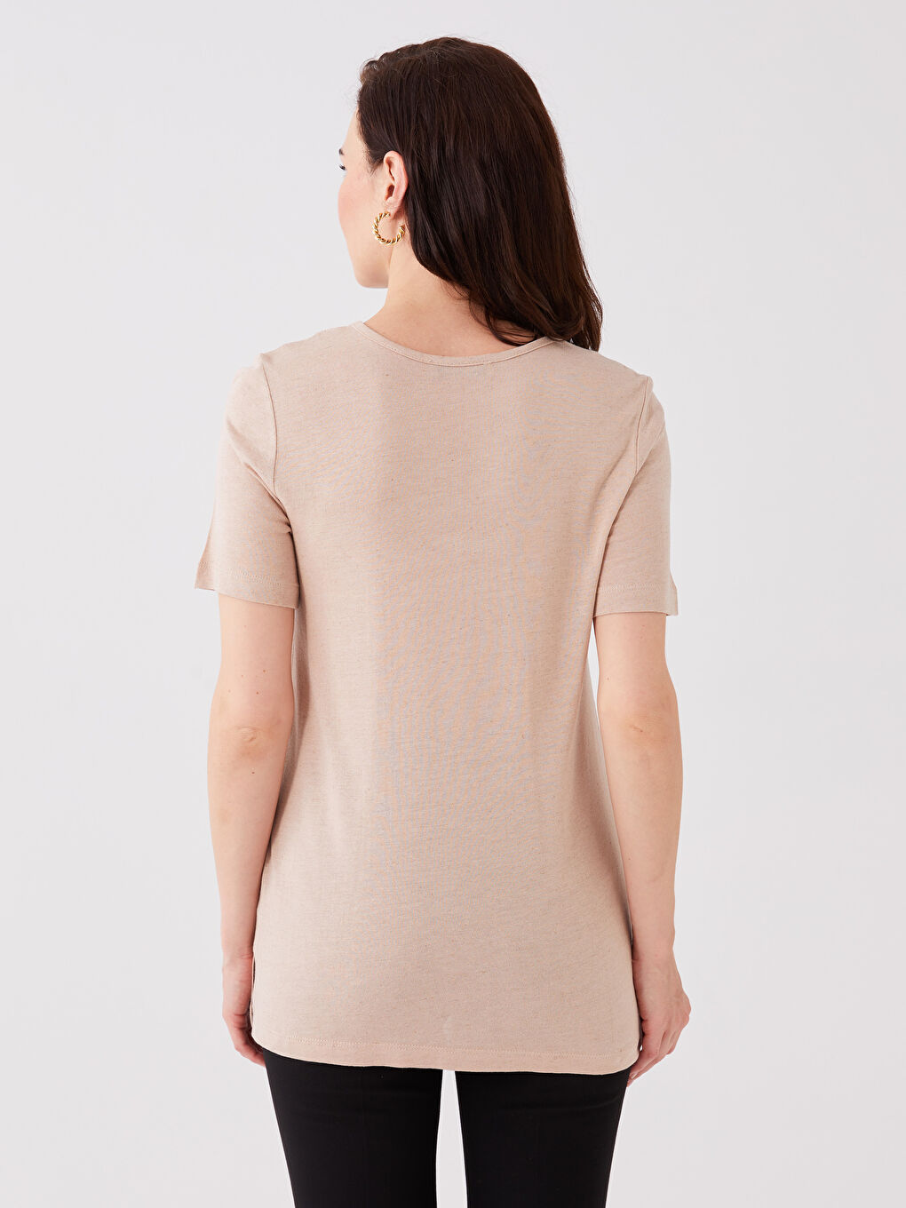 Kahverengi V Yaka Nakışlı Kısa Kollu Kadın Bluz-4