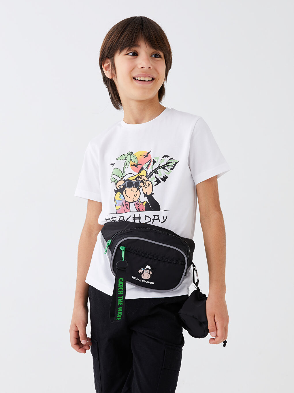 Siyah Nostaljik Maymun Baskılı Erkek Çocuk Bel Çantası