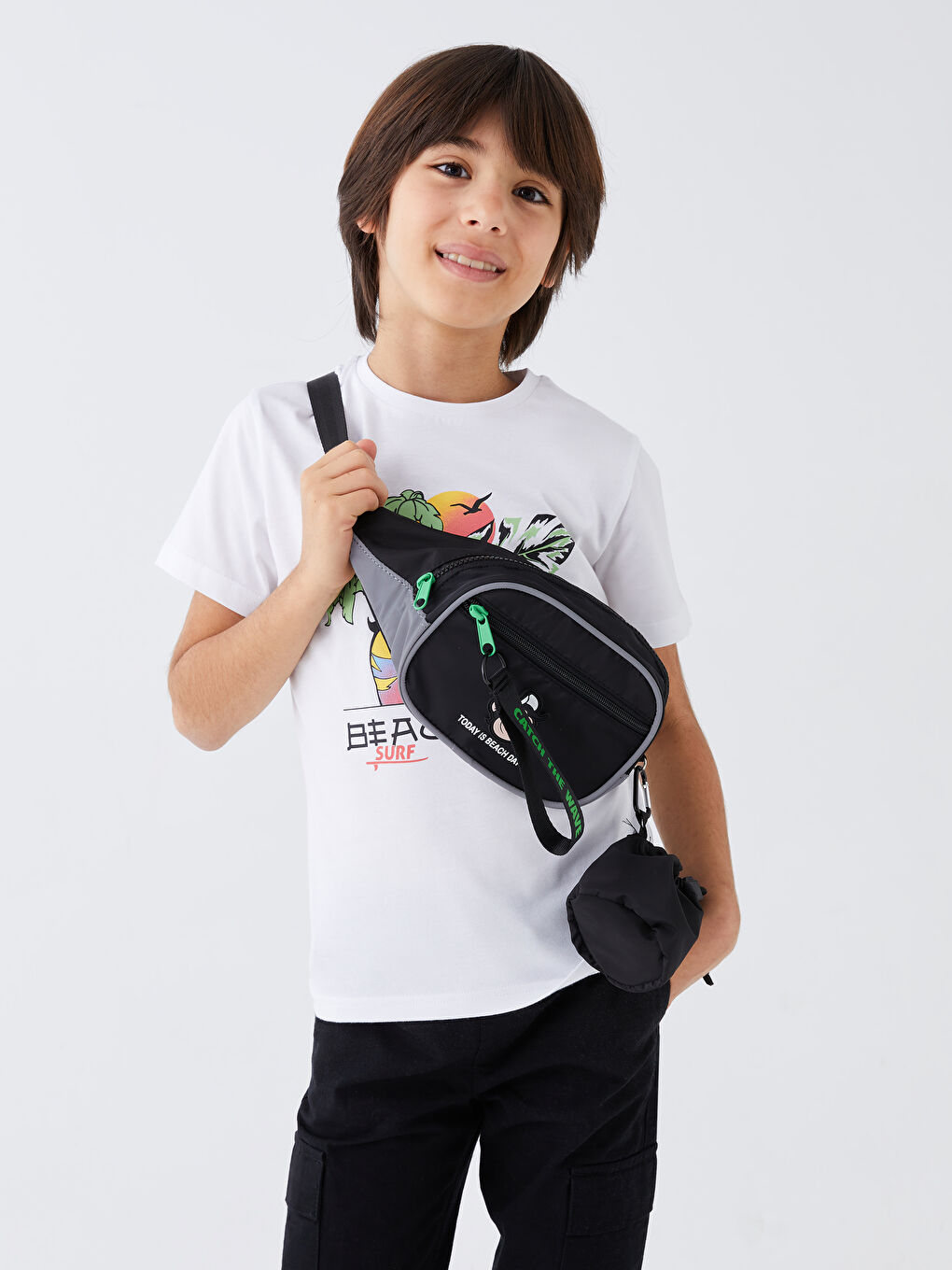 Siyah Nostaljik Maymun Baskılı Erkek Çocuk Bel Çantası-1