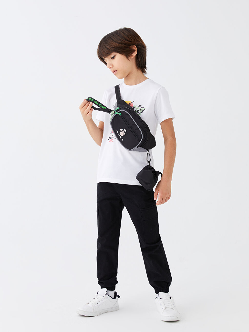 Siyah Nostaljik Maymun Baskılı Erkek Çocuk Bel Çantası-2