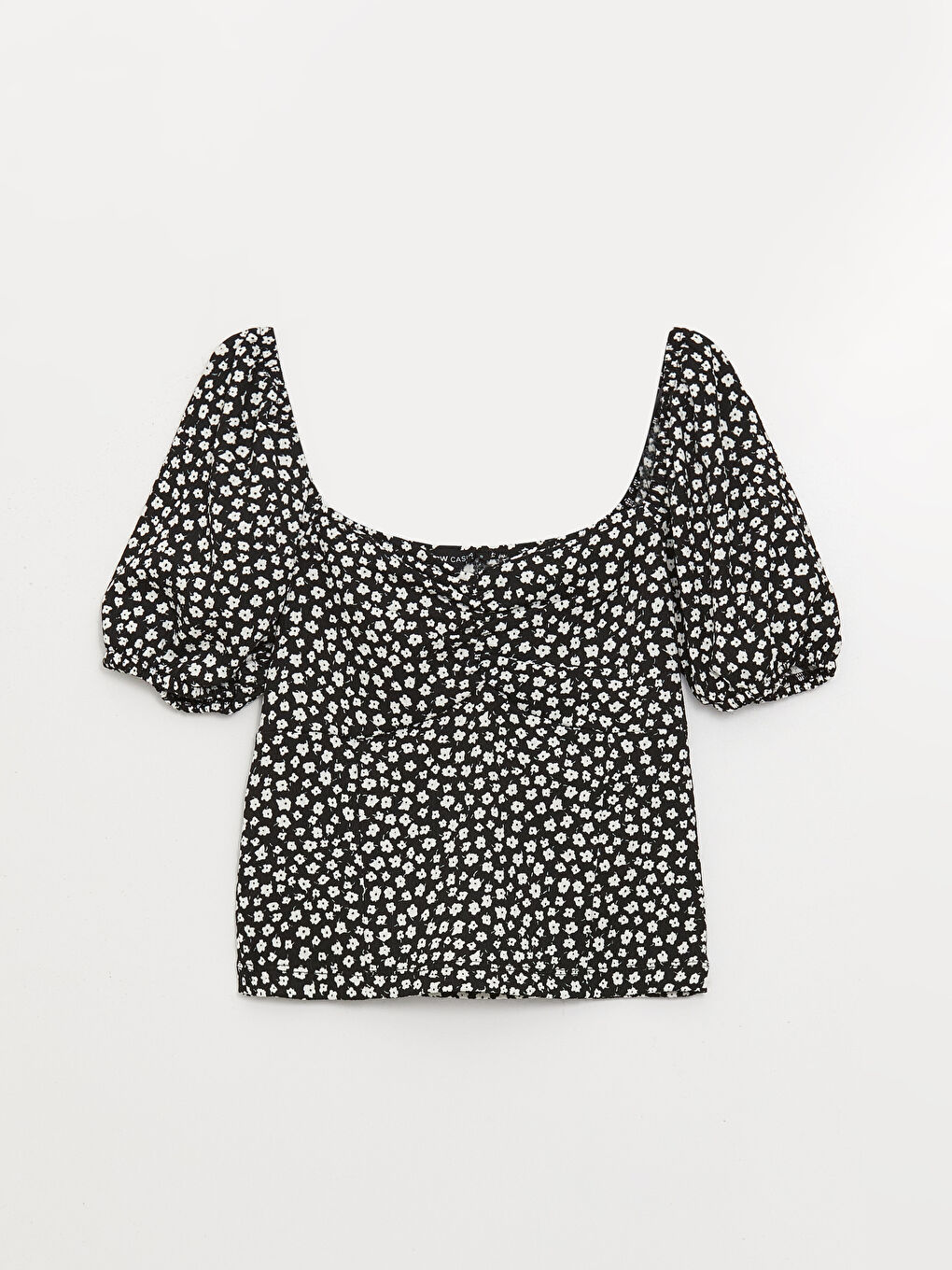 Siyah Kalp Yaka Çiçekli Kısa Kollu Kadın Bluz-5