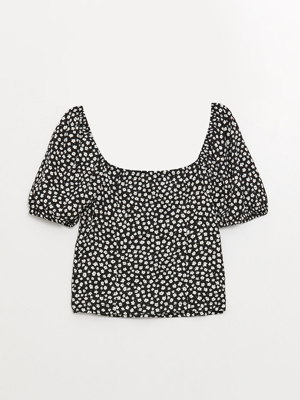 Siyah Kalp Yaka Çiçekli Kısa Kollu Kadın Bluz-6