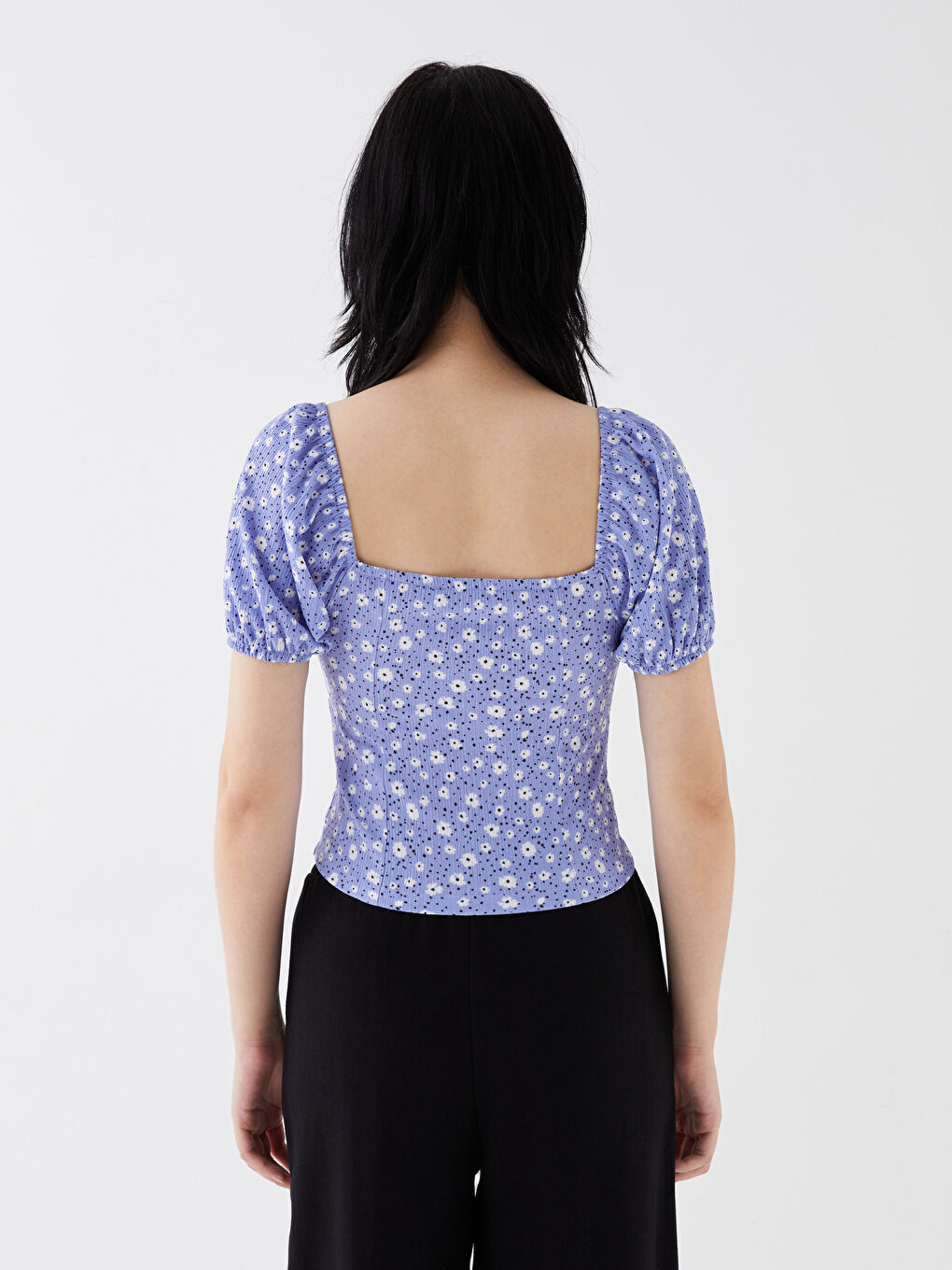 Lila Kalp Yaka Çiçekli Kısa Kollu Kadın Bluz-4