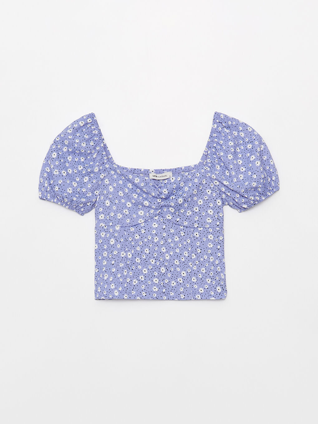 Lila Kalp Yaka Çiçekli Kısa Kollu Kadın Bluz-5