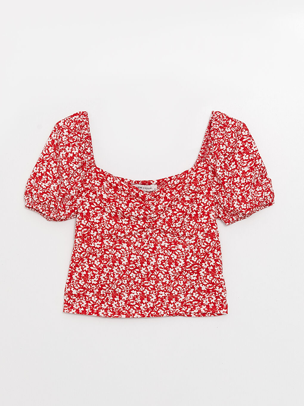 Kırmızı Kalp Yaka Çiçekli Kısa Kollu Kadın Bluz-5